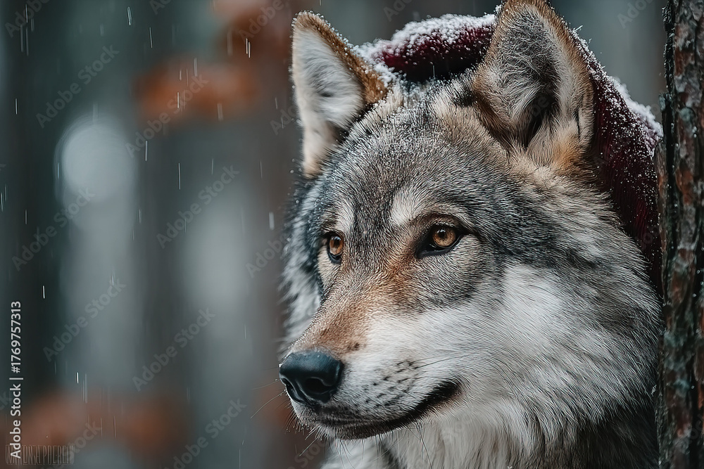 Naklejka premium A playful wolf cub in Santa hat playing in Christmas snow