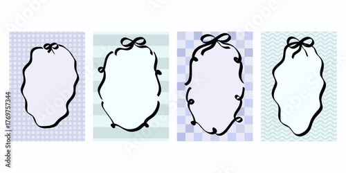 Whimsical doodle frame border design inspired by vintage coquette aesthetics with ribbons and cherry motifs. Elegant vector line shapes for invitation or cute poster layout.