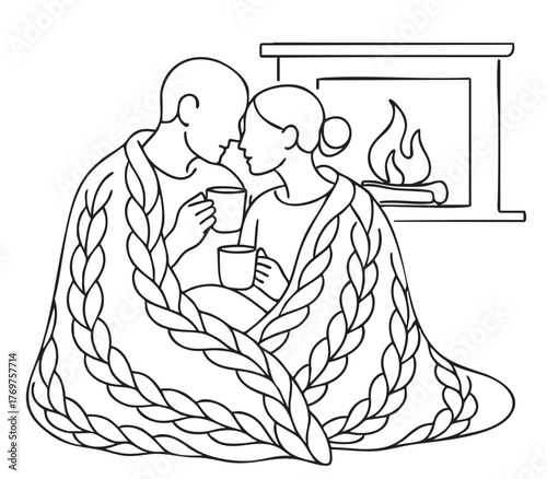 line sketch relaxing love couple with cup tea behind in knitted doodles blanket near fireplace