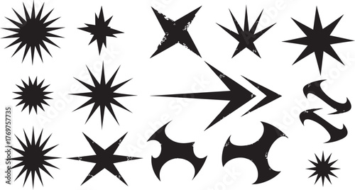 Collection of abstract black starbursts and graphic elements on a white background