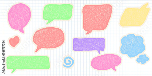 Crayon doodle comic speech balloons, hand drawn chalk pencil frames on graph paper background, sketch style vector illustration perfect for educational and creative projects