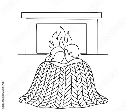 line sketch relaxing love couple with cup tea behind in knitted doodles blanket near fireplace