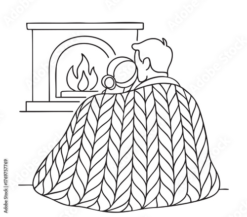 line sketch relaxing love couple with cup tea behind in knitted doodles blanket near fireplace