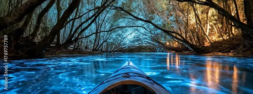 Kayaker Gliding Through Luminescent Waters Surrounded by Enchanted Forest at Night