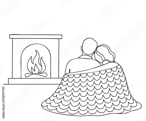 line sketch relaxing love couple with cup tea behind in knitted doodles blanket near fireplace
