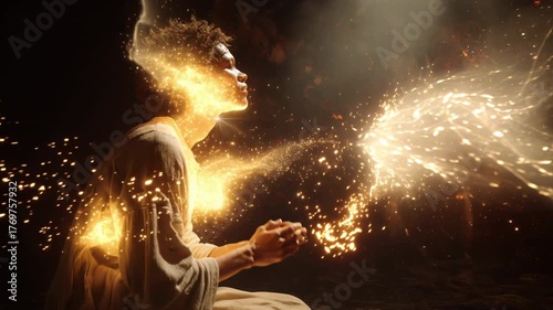 Young spiritual black man praying in a dark, atmospheric setting, his body slowly dissolving into a mesmerizing cloud of glowing golden particles and ethereal light, symbolizing transcendence