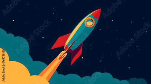 Fototapeta Naklejka Na Ścianę i Meble -  Illustration of a rocket in space concept. Flat illustration of a rocket in space with clouds, stars and planets