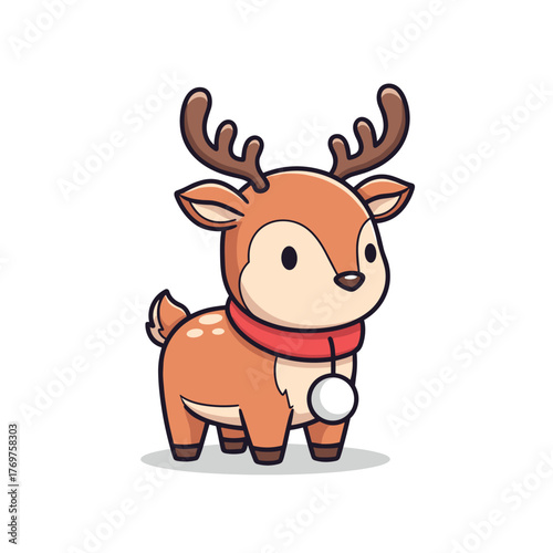 Cute cartoon reindeer standing with a bell on its collar for winter holidays  
