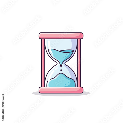 Hourglass with blue sand in pink frame on white background  