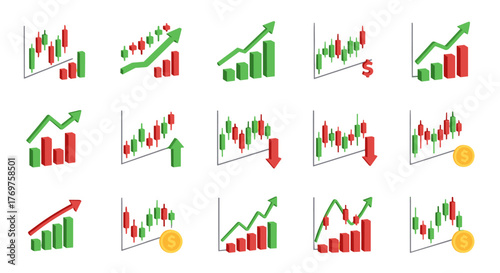 Collection of 3D financial trading charts and graphs, including candlestick charts, bar graphs, and line graphs, illustrating market trends with upward and downward movements, presented in vibrant