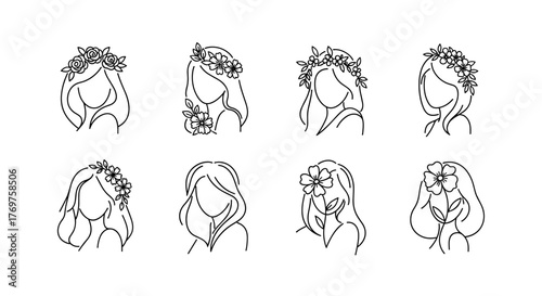 Collection of eight minimalist line art illustrations of female hairstyles adorned with delicate floral elements, including rose crowns and single blossoms, presented on a stark black background