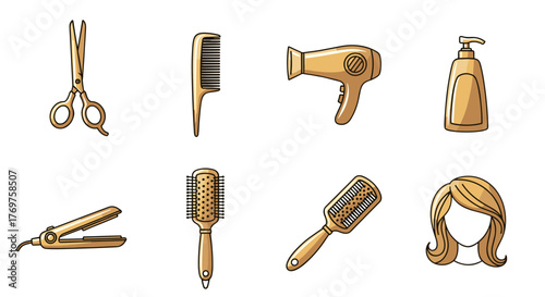 Golden Hairdressing Tools and Accessories Collection: Featuring Scissors, Combs, Hairdryer, Straightener, Brushes, and a Stylized Haircut Silhouette, Perfect for Beauty Salons and Hair Care Brands