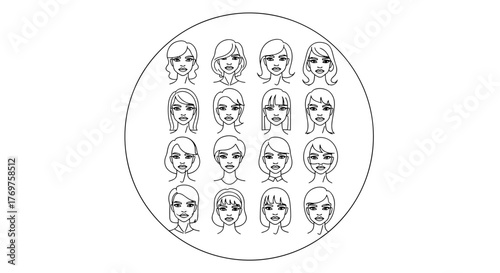 A striking collection of sixteen diverse female faces, rendered in a bold white outline against a stark black background, arranged in a grid within an oval frame, symbolizing individuality and