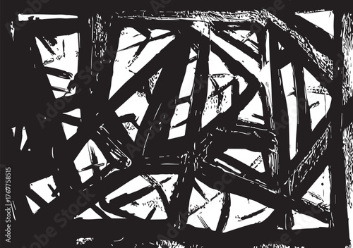 Abstract black and white composition with overlapping lines and shapes creating a dynamic visual effect
