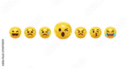 A vibrant collection of diverse emoji faces showcasing a spectrum of human emotions, from joy and laughter to sadness and anger, presented against a stark black background for maximum visual impact