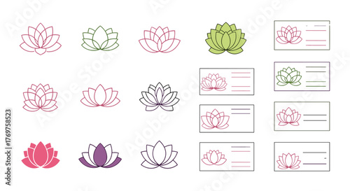 Collection of stylized lotus flower icons and business card mockups in vibrant pink, purple, and green gradients on a black background, symbolizing purity, enlightenment, and tranquility, perfect for