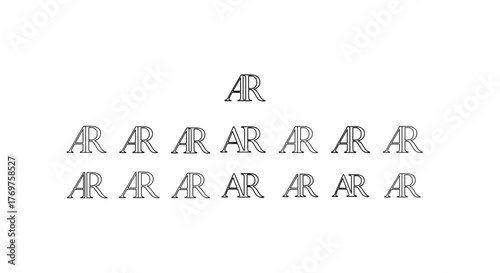 A striking visual composition featuring the letters 'AR' repeated in a hierarchical pattern against a deep black background, creating a sense of depth and modern elegance. The stylized typography