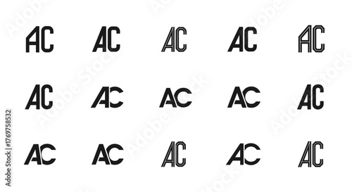 A collection of 15 distinct 'AC' monogram logos, each presented in a unique typographic style and subtle variations of grey against a black background, showcasing versatility for branding and graphic