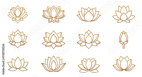 Collection of Golden Lotus Flower Icons and Symbols on a Black Background, Representing Purity, Enlightenment, and Spirituality, Ideal for Yoga, Meditation, and Wellness Brands