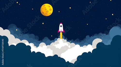 Fototapeta Naklejka Na Ścianę i Meble -  Illustration of a rocket in space concept. Flat illustration of a rocket in space with clouds, stars and planets