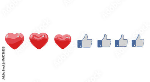 Three-dimensional red hearts and four blue thumbs-up icons arranged horizontally on a black background, symbolizing social media engagement, likes, and love, perfect for digital content and design