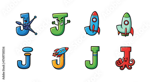 Collection of eight cartoon letter J designs, featuring a blue J with satellite arms, a green J with a mischievous grin, two stylized rockets, a simple blue J with antenna, an orange J with a rocket