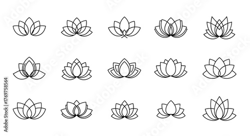 Collection of 15 stylized lotus flower icons in white outline on a black background, representing purity, enlightenment, and rebirth, perfect for yoga studios, meditation apps, and wellness brands.