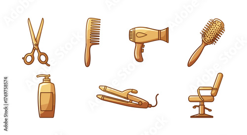 A collection of golden hair salon tools and equipment, including scissors, comb, hairdryer, hairbrush, shampoo dispenser, flat iron, and barber chair, presented against a black background