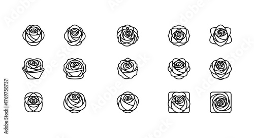 Collection of stylized, hand-drawn rose icons in a minimalist white line art style on a black background, featuring intricate petal details and geometric variations, perfect for graphic design