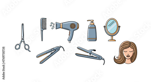 Collection of stylized flat icons representing hairdressing tools and a woman's head, including scissors, comb, hairdryer, shampoo bottle, mirror, and hair straighteners, set against a black