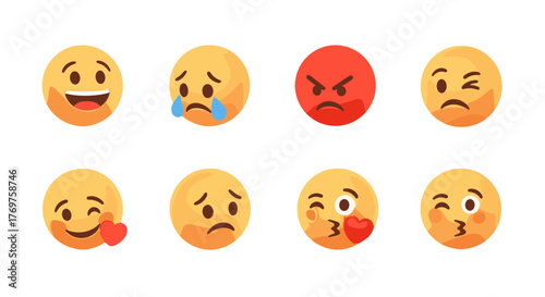 Collection of eight 3D rendered emoji icons expressing a range of emotions including happiness, sadness, anger, surprise, and love, set against a black background for versatile use in digital