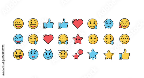 Collection of colorful flat design emojis and icons representing various emotions, social media reactions, and symbols like hearts and stars, set against a plain black background for versatile