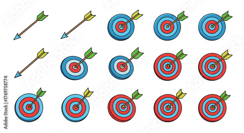 A collection of colorful cartoon arrows and targets, symbolizing goals, accuracy, and achievement. The graphic features multiple dartboards in red and blue, with arrows hitting the bullseye