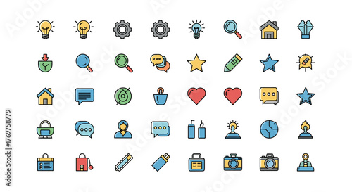 A vibrant collection of flat design icons representing various concepts such as business, technology, communication, and lifestyle, perfect for web design, app development, and presentations