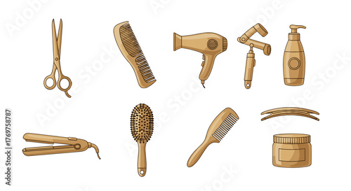 Golden Hairdressing Tools Collection: A Set of Essential Styling Instruments Including Scissors, Combs, Hairdryer, Straightener, Brush, Styling Gel, Hair Clip, and Lotion Dispenser, Isolated on Black