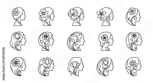 Collection of 15 elegant white line art profile silhouettes of women adorned with intricate floral hairstyles, showcasing diverse botanical elements like lotus flowers and blossoms, set against a