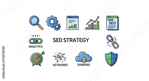Set of flat design icons representing SEO strategy elements: magnifying glass for search, gears for optimization, document with chart for analytics, bar graph for growth, SEO page, link building