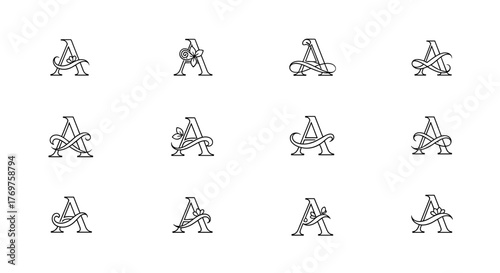 Collection of twelve ornate and decorative capital letter 'A' monograms, featuring elegant flourishes, floral elements, and intricate scrollwork, presented in a classic serif font style with a white
