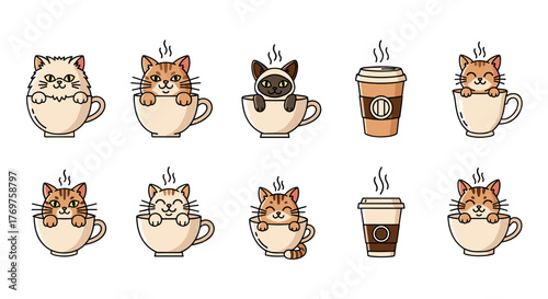 Adorable collection of cute cartoon cats peeking out of coffee cups and to-go coffee cups, perfect for cafe branding, pet lovers, and cozy beverage-themed designs, featuring various cat breeds and