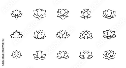 A collection of fifteen minimalist lotus flower icons, presented in a clean, white outline style against a stark black background, showcasing various stages of bloom and petal arrangements, perfect