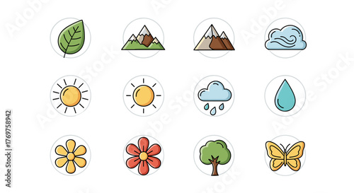 A vibrant collection of twelve circular icons representing nature and weather elements, including a leaf, mountains, sun, cloud, raindrops, water drop, flowers, a tree, and a butterfly, all rendered