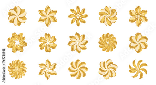 Collection of fifteen stylized golden floral or starburst graphic elements on a black background, showcasing a variety of petal arrangements and rotational symmetry, perfect for decorative or