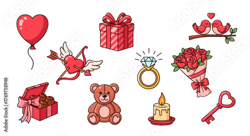 A charming collection of Valentine's Day icons, featuring a red heart balloon, Cupid's arrow piercing a heart, a gift box, a diamond ring, a bouquet of red roses, two lovebirds on a branch, a teddy