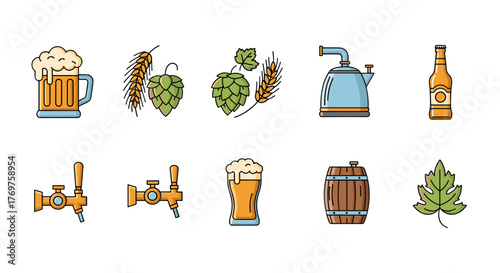 A vibrant collection of flat design icons representing the brewing process and elements of beer, including a frothy mug, hops, barley, a kettle, a beer bottle, taps, a barrel, and a hop leaf, all set