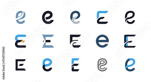 Collection of modern and abstract letter E logos, showcasing a variety of creative designs and color palettes including blue, grey, and black, perfect for technology, business, or branding projects.