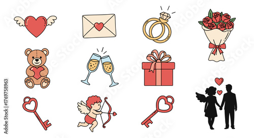 A charming collection of Valentine's Day icons, featuring a winged heart, teddy bear, champagne glasses, engagement rings, a gift box, a bouquet of roses, a love letter, cupid, heart-shaped keys, and