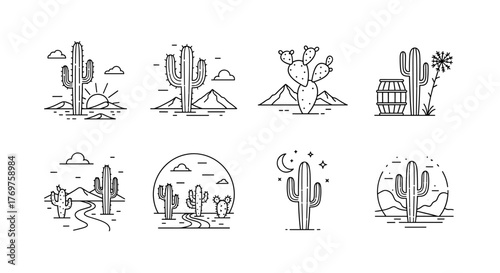 Collection of minimalist line art illustrations depicting various desert landscapes and iconic cacti, including saguaro, prickly pear, and barrel cactus, set against mountain backdrops, under starry