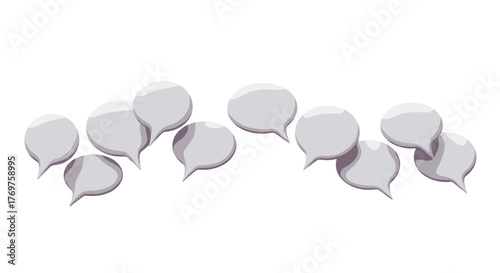 A collection of white, 3D speech bubbles arranged in a dynamic, flowing line against a stark black background, suggesting conversation, communication, and dialogue in a modern, minimalist style
