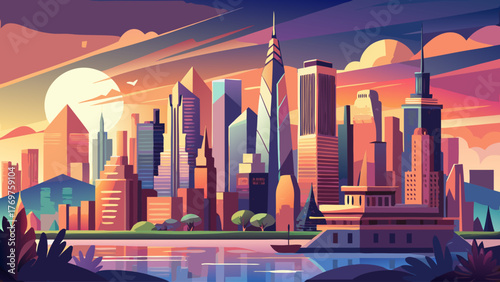 Very beautiful New York City vector travel poster in cinematic minimal landscape art style, featuring the iconic skyline, skyscrapers, and serene evening tones that capture the city’s timeless urban 
