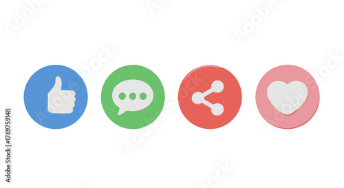 Set of four 3D social media icons: a blue thumb up for like, a green speech bubble for comments, a red share icon, and a pink heart for love, isolated on a black background, representing engagement